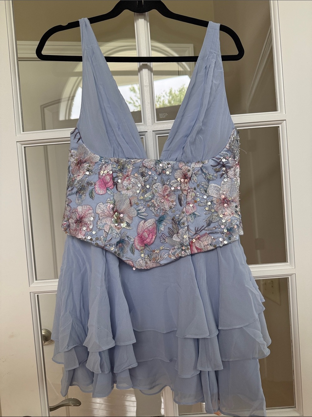 Oh Polly ‘Sakura’ Pastel Blue Embellished Floral Chiffon Corset Dress